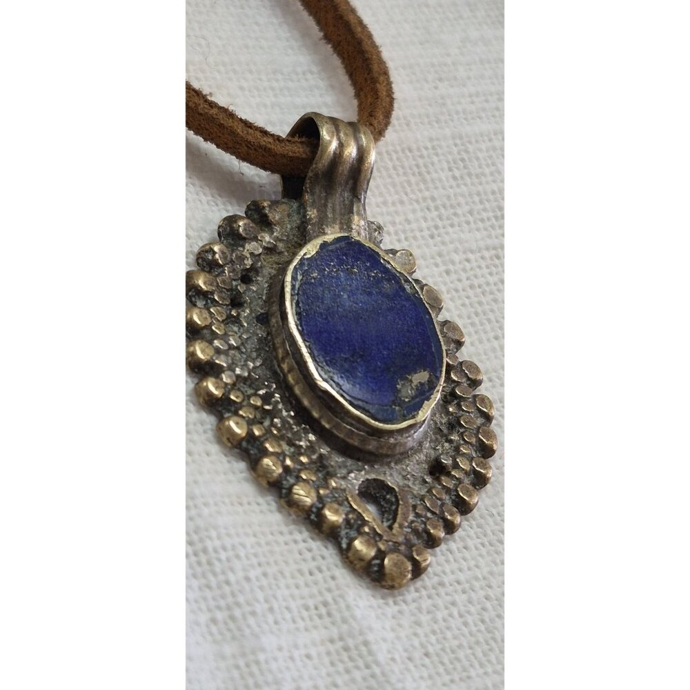 Antique Tribal-Style Blue Stone Pendant On Brown Leather Cord Necklace - Picture 10 of 14